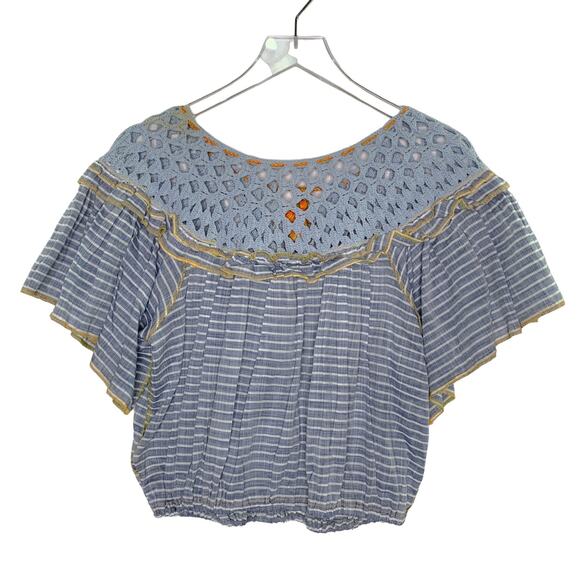 Free People S Womens Blue Allora Striped Blouse Crochet Detail Peasant Boho - Picture 3 of 10